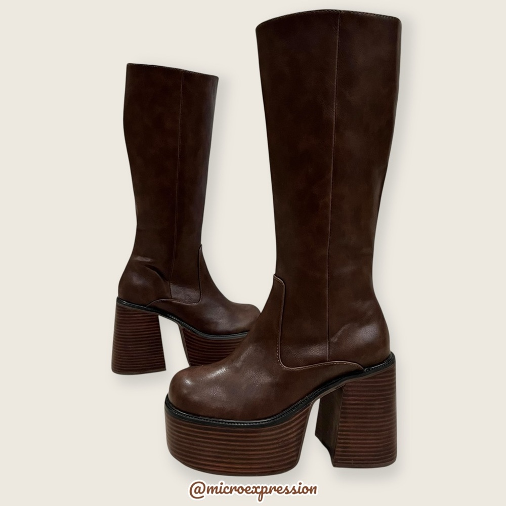 Free People Chunky Bratz Doll Chocolate Brown Leather Knee-High Platform Boots - Picture 9 of 16